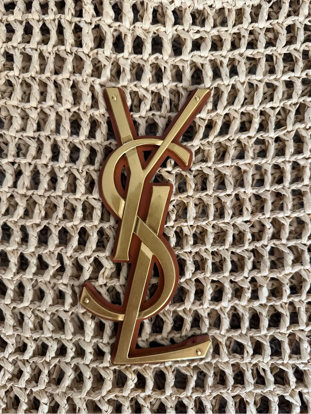 Natural Beige Crochet Tote with Gold YSL Logo